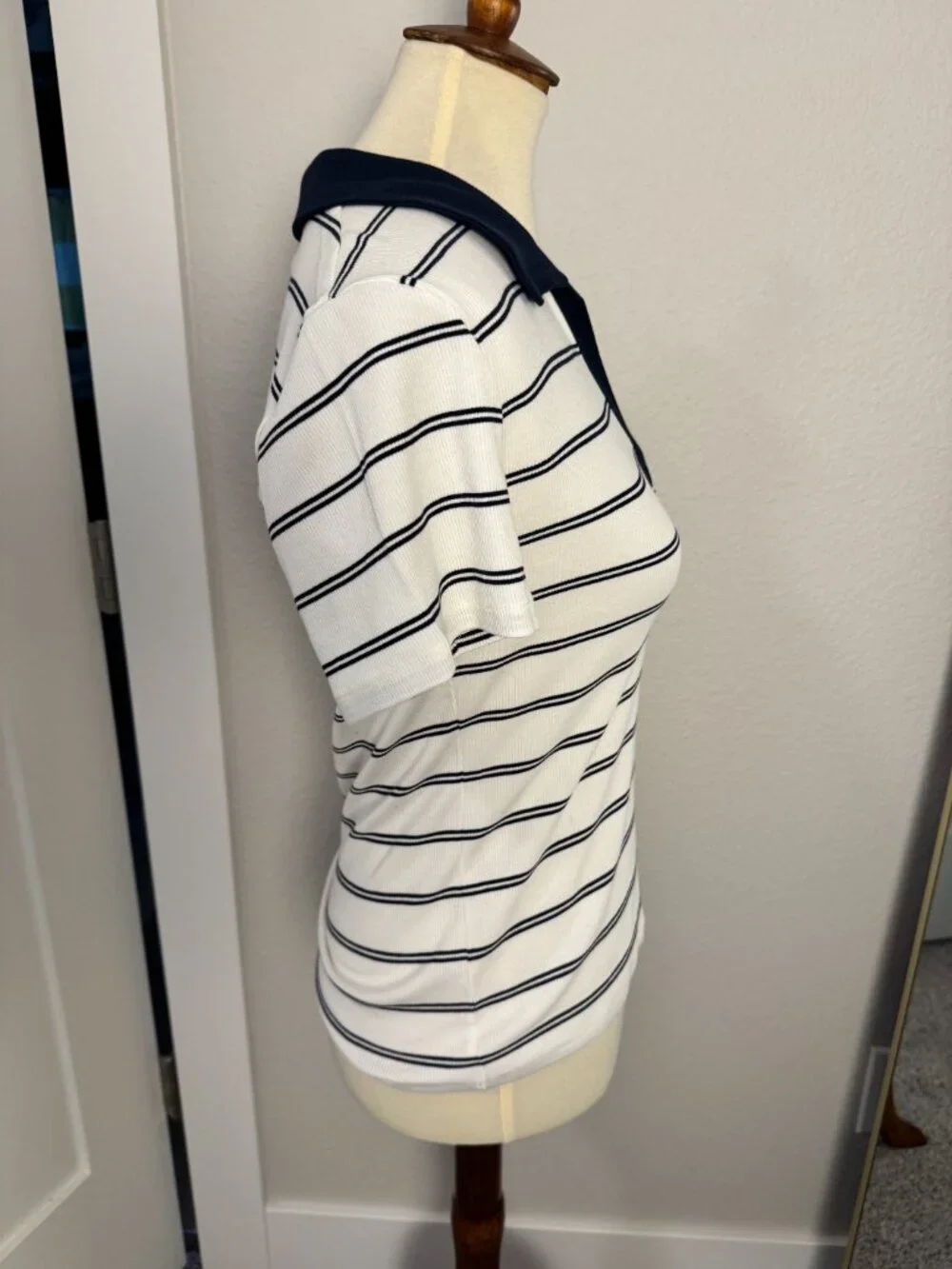 J.Crew NWT Perfect Rib Johnny Collar Top Navy White Stripe Medium M